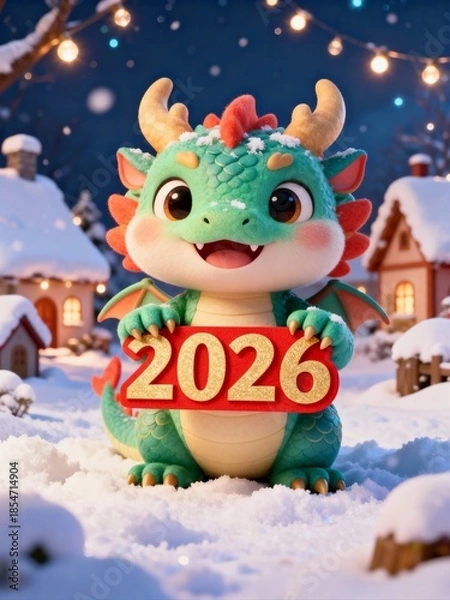 Fototapeta Cute 3D Character Baby Dragon Holding 2026 New Year Sign
