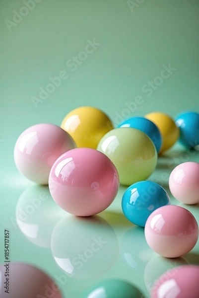 Obraz Glossy colorful spheres on reflective surface — AI generated