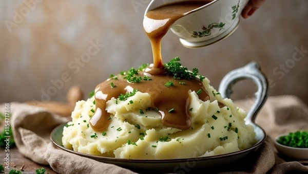 Obraz Homemade mashed potatoes with gravy — AI generated