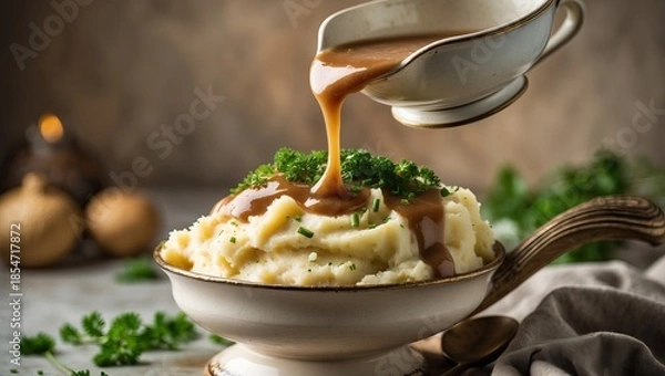 Obraz Homemade mashed potatoes with gravy — AI generated