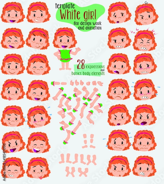 Fototapeta White girl in a swimsuit. Twenty eight expressions and basics body elements, template for design work and animation. Vector illustration to Isolated and funny cartoon character.