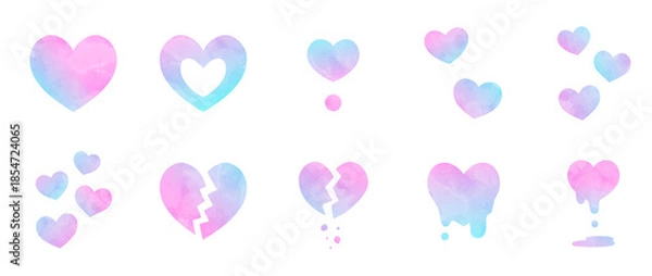 Obraz さまざまなハートのシンプルな手描き水彩イラストセット ピンク 水色 グラデーション