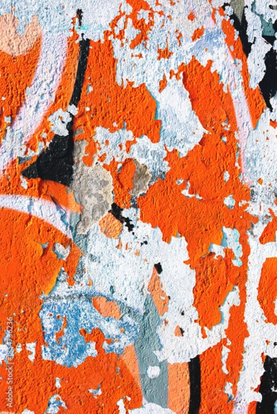Obraz Abstract street art texture in orange, white, black with peeling paint effect. Urban, grunge style with rough surface. Background, pattern, texture, digital art, creative banner, urban visuals.