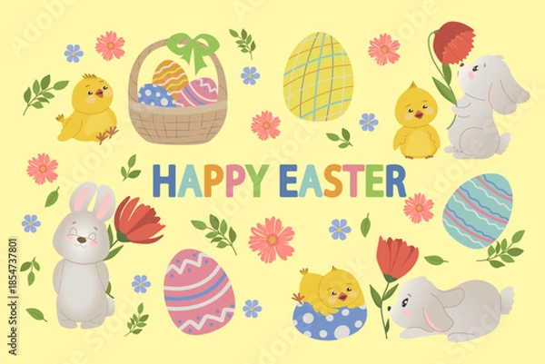 Obraz Easter Celebration Vector with Cute Bunnies and Chicks
