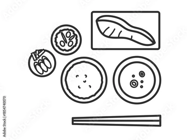 Fototapeta 焼き鮭の定食イラスト　朝食　線画のみ