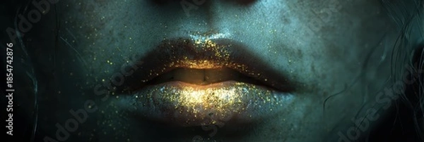 Obraz Woman's lips glowing with golden glitter makeup