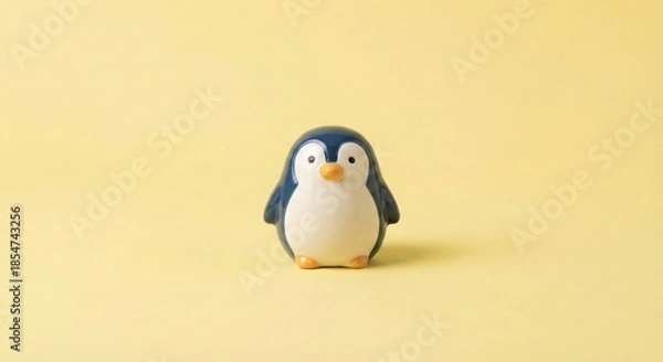 Fototapeta Cute Penguin Figurine on a Solid Yellow Background