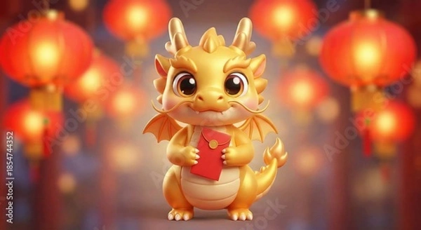 Fototapeta Adorable golden dragon holds lucky red envelope, festive lanterns, good fortune