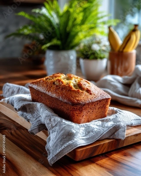 Obraz Freshly baked banana bread loaf on rustic wood