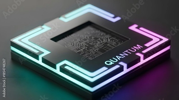 Obraz Quantum computing processor chip with glowing light. Modern technology concept. AI, machine learning, and semiconductor development.