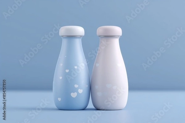 Obraz Two pastel bottles with heart pattern on blue background
