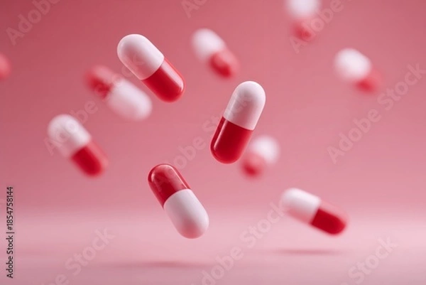 Obraz Red and white medical capsules floating on pink background