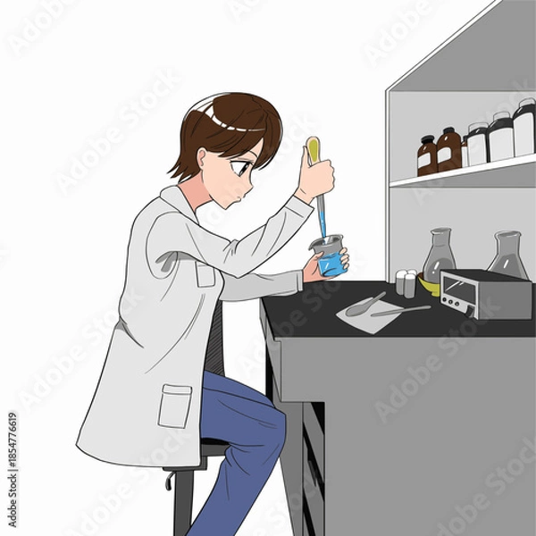 Fototapeta 実験している女性を横から見たイラスト