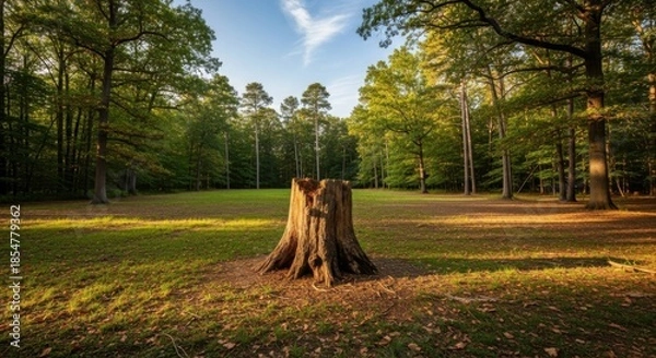 Obraz Stunning forest scene with a tree stump in a sunlit clearing.