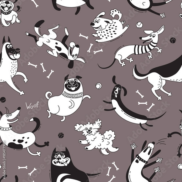 Fototapeta Playing dogs seamless pattern. Funny lap-dog, happy pug, mongrels and other breeds. Vector background for design