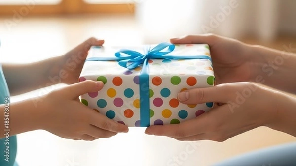 Obraz Child and adult hand giving a wrapped gift box with colorful polka dots and blue ribbon. Conception of festive celebration or birthday present event.