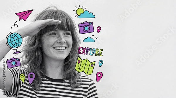 Obraz Smiling woman exploring with a camera against a colorful backdrop  