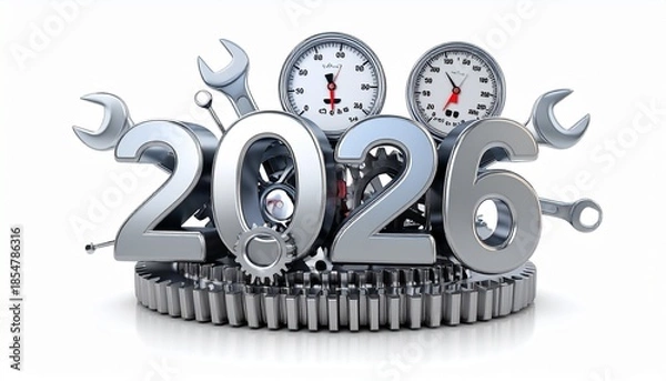 Fototapeta Shiny metallic 2026 gears and tools on white background