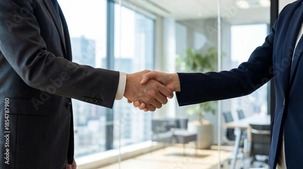 Fototapeta Businessmen shaking hands in modern office space