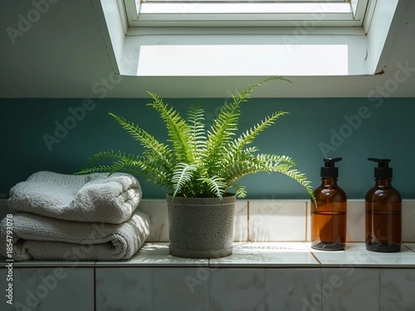 Obraz A vibrant green fern in a pot sits on a marble counter in a light-filled modern bathroom. Nearby are stacked white towels and amber soap dispensers, creating a fresh and natural minimalist decor.
