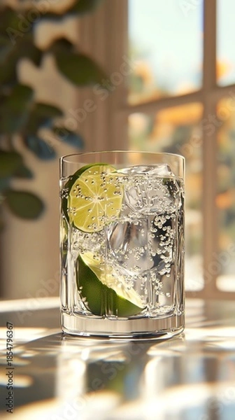 Fototapeta Refreshing drink with lime and ice cubes.