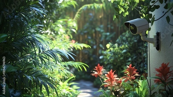 Obraz Vibrant garden with security camera in view.