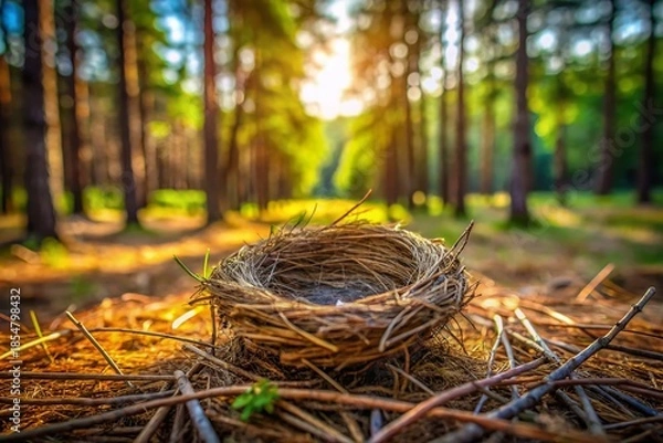 Obraz Empty Bird Nest on Forest Floor - Pine Needles & Sunlight