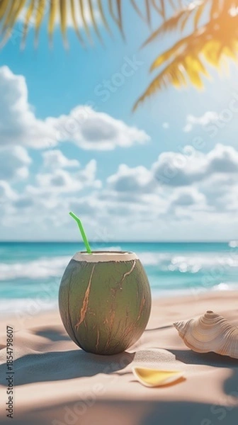 Obraz Coconut drink on beach with sunlit ocean view.