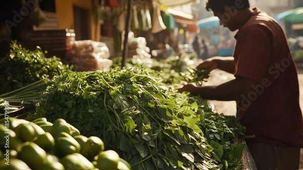 Obraz Fresh herbs and vegetables in vibrant market