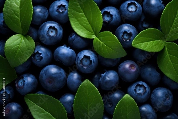 Fototapeta Ripe blueberries and vibrant green leaves filling the frame, symbolizing fresh and natural food