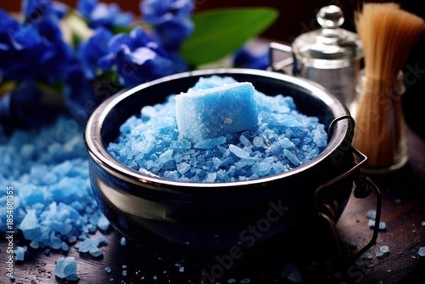 Fototapeta Blue bath salts and soap in a bowl, promoting relaxation and wellness