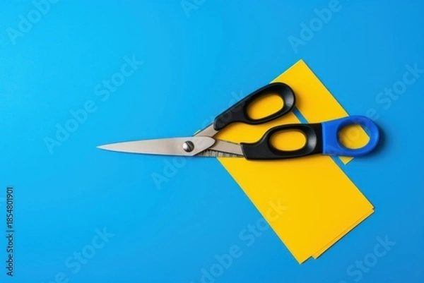 Fototapeta Scissors are cutting yellow paper on a vibrant blue background, creating a crafting activity