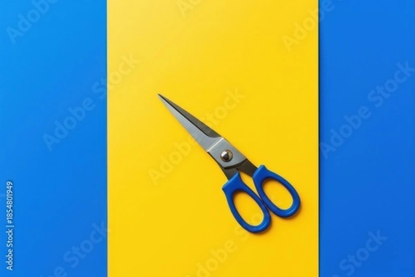 Fototapeta Scissors separating solid yellow and blue paper creating a color block design