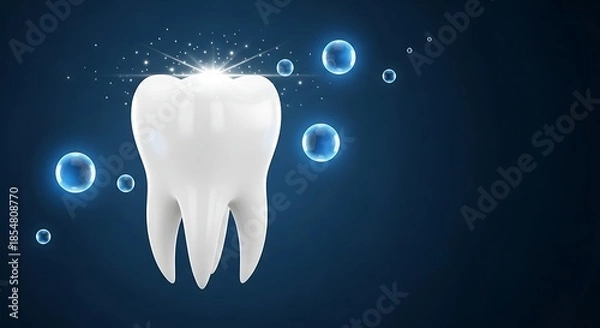 Obraz Healthy White Tooth with Sparkles and Water Bubbles on Dark Blue Background for Dental Care and Oral Hygiene