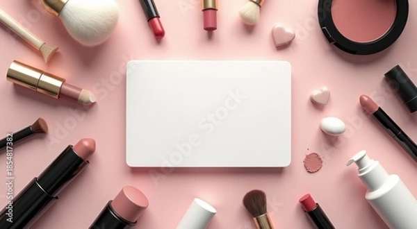 Obraz White square surrounded by various makeup products copy space