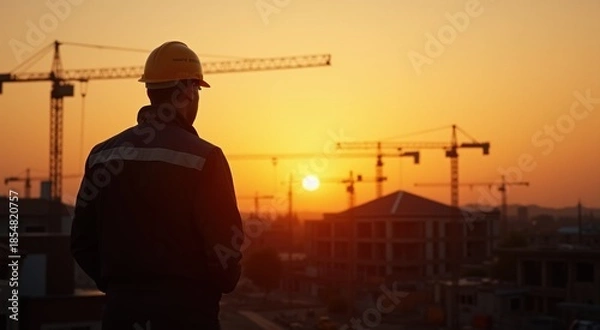 Obraz Construction worker standing on a roof looking at the sun