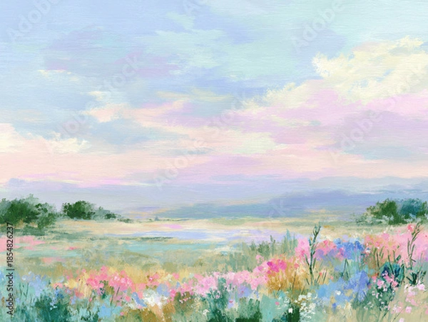 Obraz 花が咲く草原の水彩画