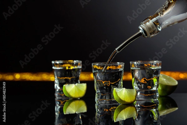 Fototapeta Strong alcoholic drink and lime slices on a black background.