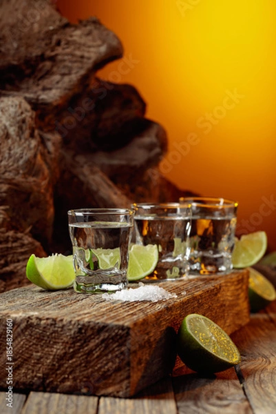 Fototapeta Tequila with salt and lime slices.