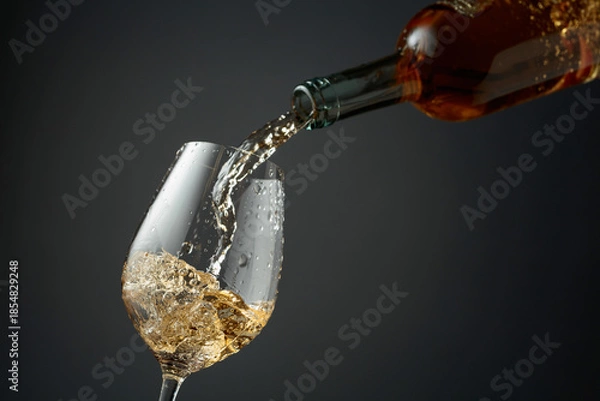 Fototapeta Pouring white wine from a bottle into a glass.