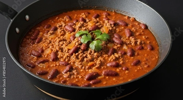 Obraz Hearty chili with kidney beans and minced meat in a dark skillet
