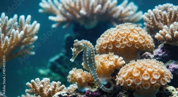 Obraz Seahorse swims among vibrant coral, underwater, in a marine ecosystem
