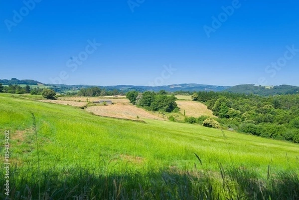 Obraz 경관, 목초, sky, 들판, 네이처, 목초지, green, 여름, 고개, 시골, 농촌, blue, 수평선, 봄, 나무, 구름, 마운튼, 국가, 경작, 경치, 파노라마, 농장, 대지