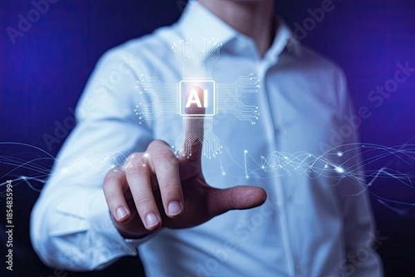 Obraz Professional activating AI hologram interface with glowing digital circuits and futuristic technology