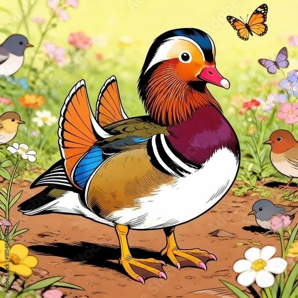 Fototapeta mandarin duck brown ground spring birds animals wildlife illustration