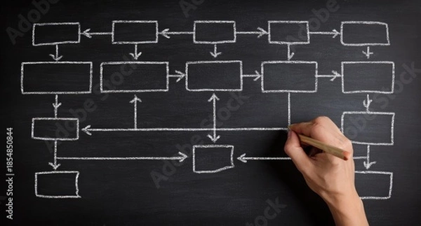 Obraz A hand draws a complex organizational chart with a pencil on a black chalkboard, illustrating a process flow