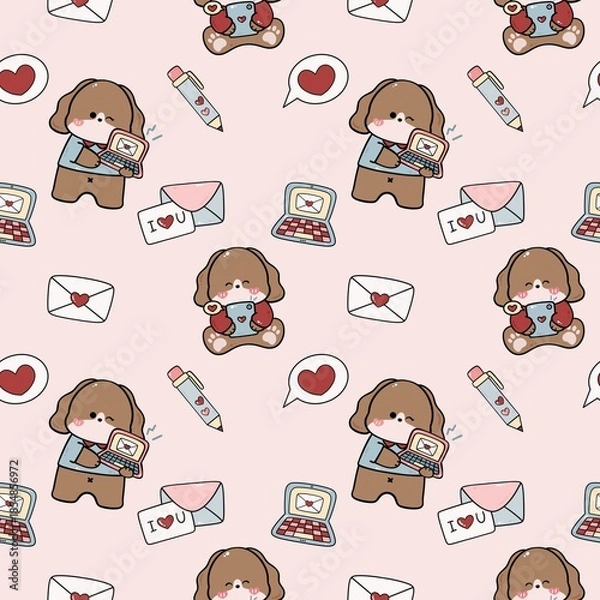 Obraz Cute Valentine Dogs Using Smartphone and Laptop Checking Love Message Notification Seamless Pattern