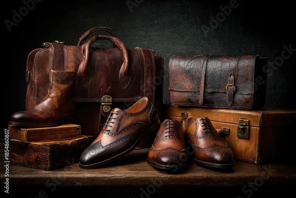 Obraz A still life showcases various worn leather items on a wooden surface, including shoes, luggage, and a small box, lit dramatically