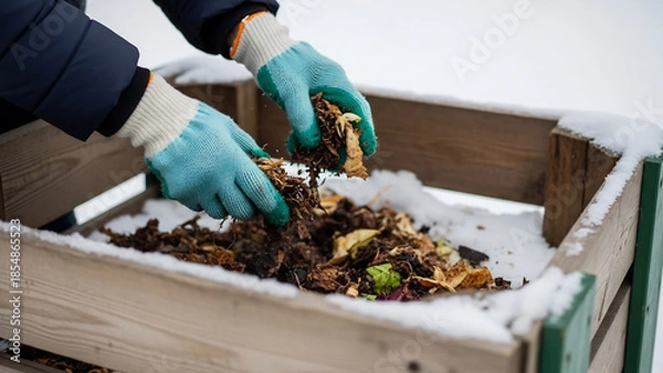 Obraz Hands Composting Kitchen Scraps in Winter