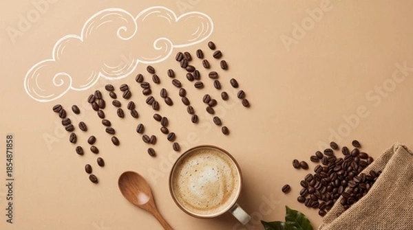 Fototapeta Coffee beans arranged as rain falling from drawn cloud into latte cup on beige